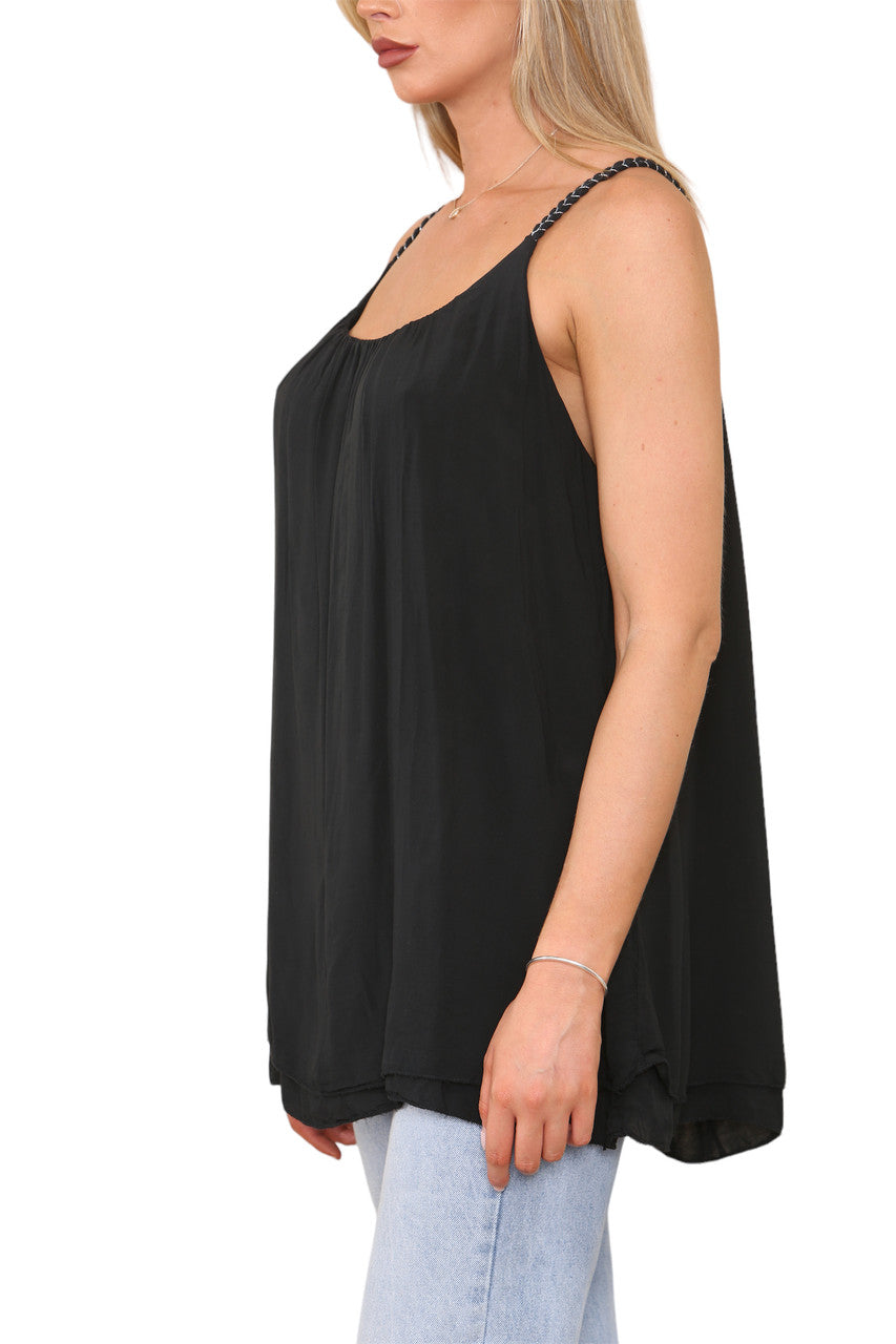 Ladies Plait Detail Strap Vest Top Black