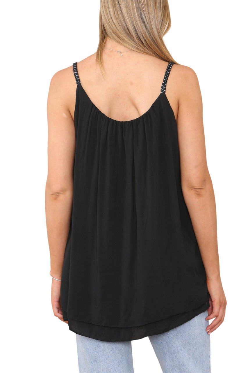 Ladies Plait Detail Strap Vest Top Black