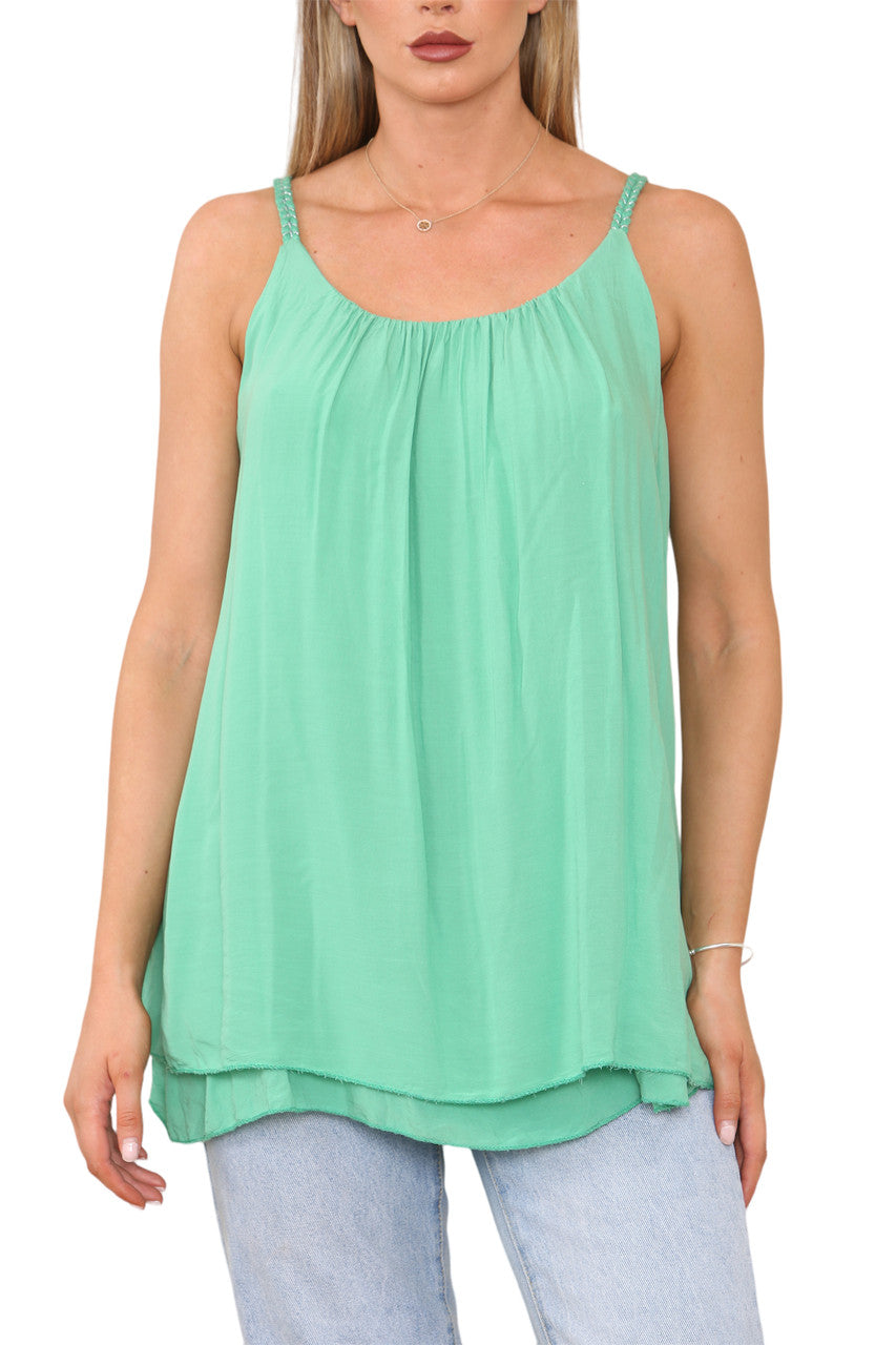Ladies Plait Detail Strap Vest Top Jade Green