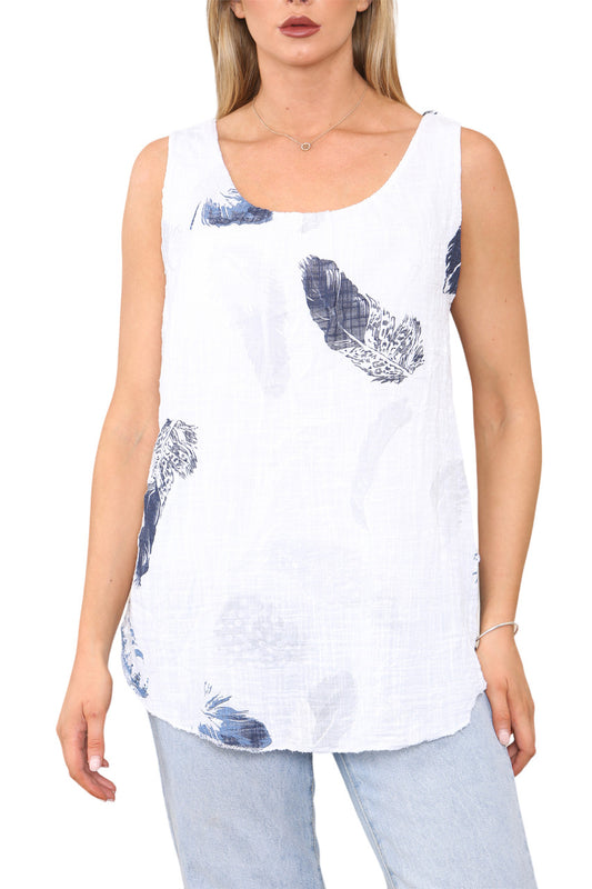 Ladies Feather Print Sleeveless Vest Top White