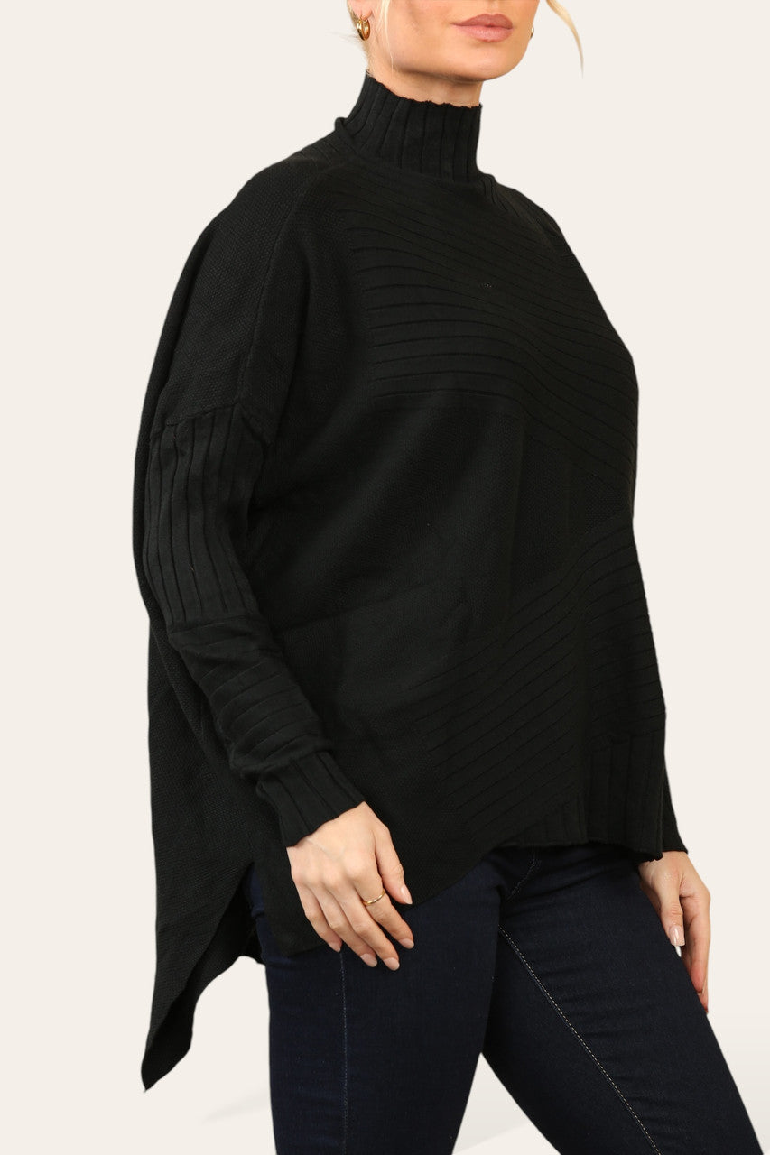 RIBBED ASYMMETRICAL HIGH NECK JUMPER BLACK
