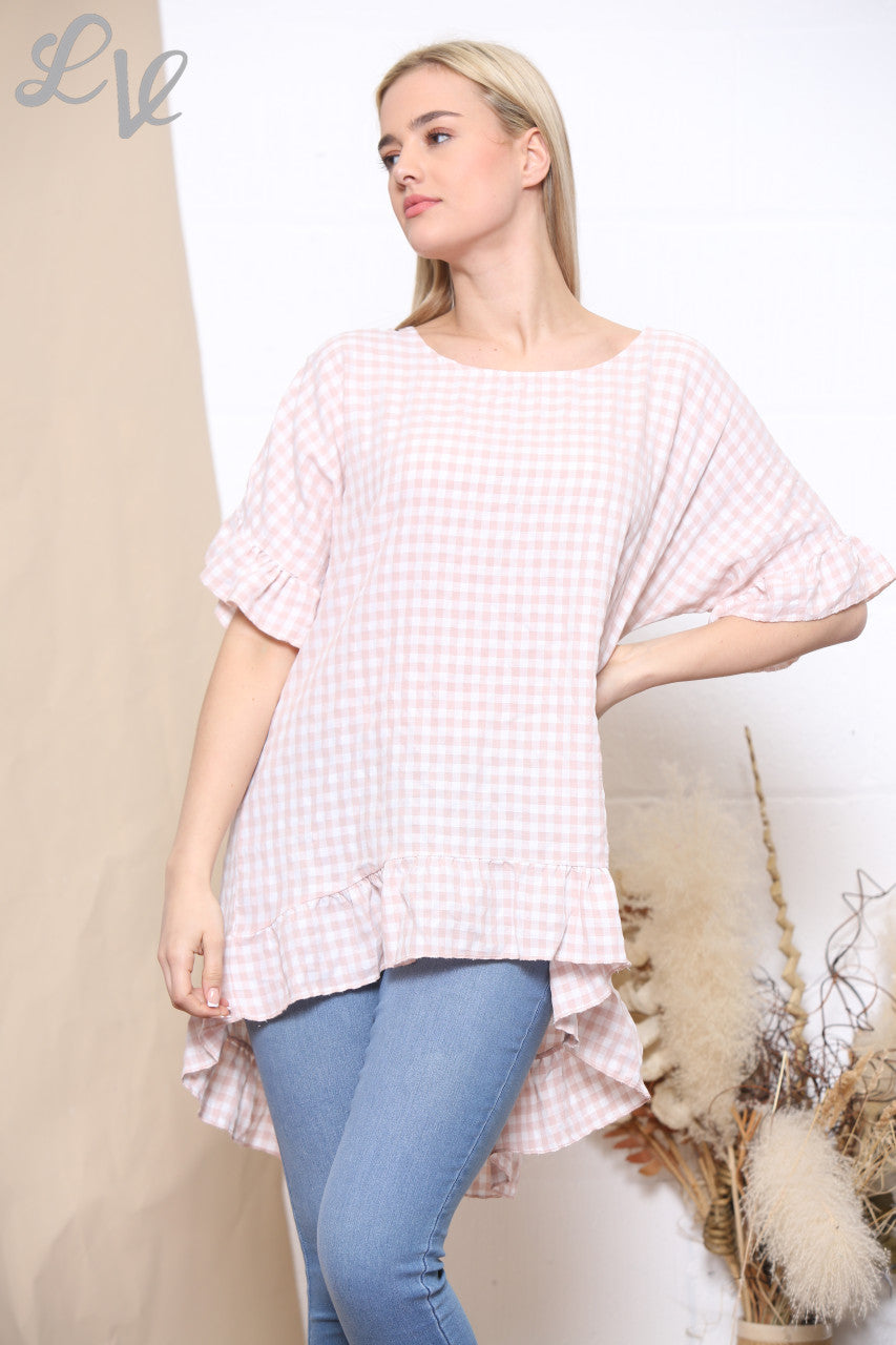 Dames Gingham Print Top met Rucheszoom Oudroze
