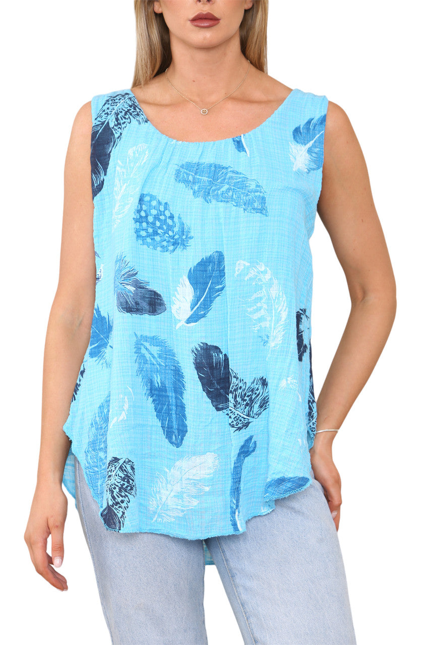 Ladies Feather Print Sleeveless Vest Top Turquoise