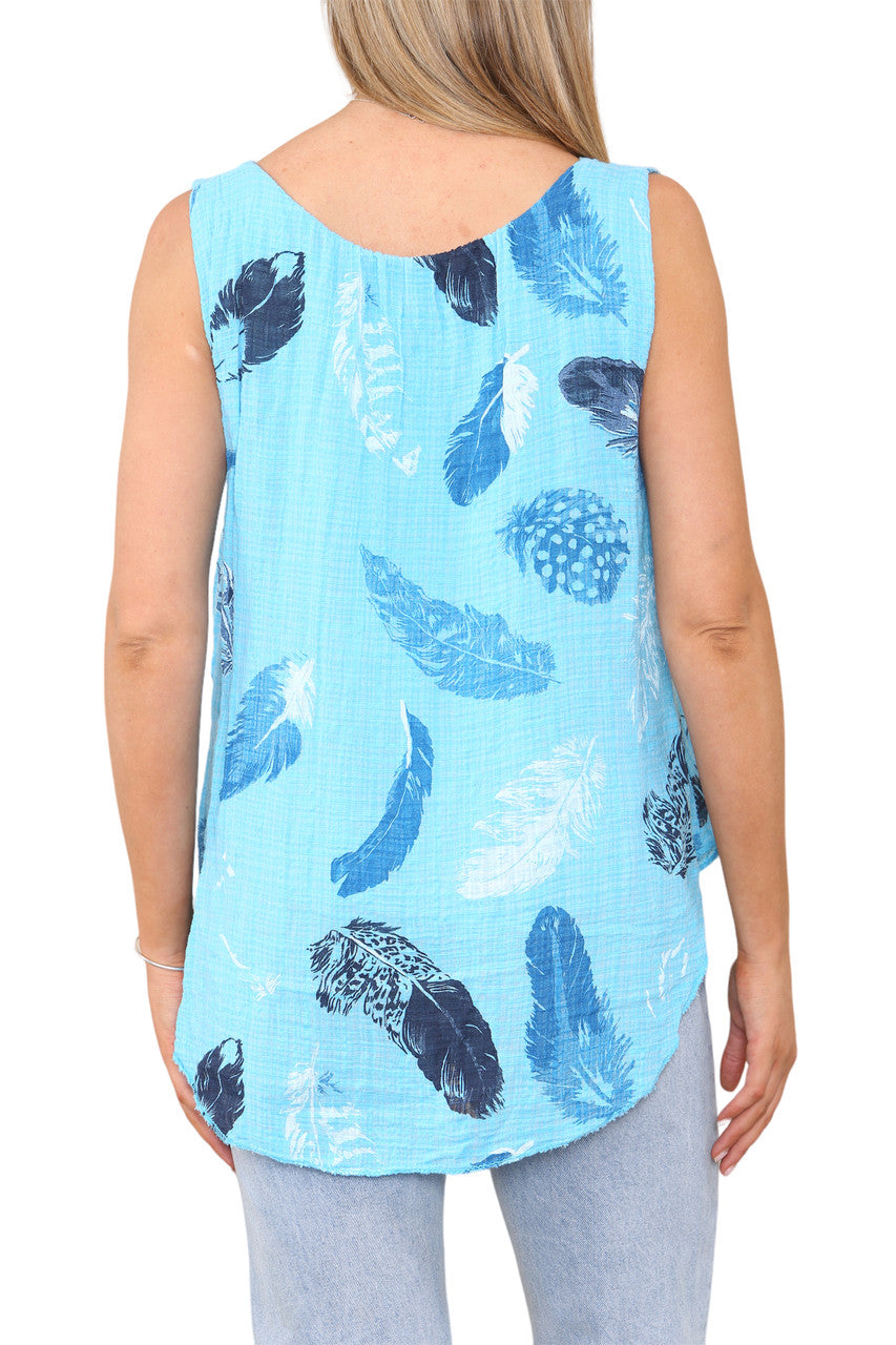 Ladies Feather Print Sleeveless Vest Top Turquoise