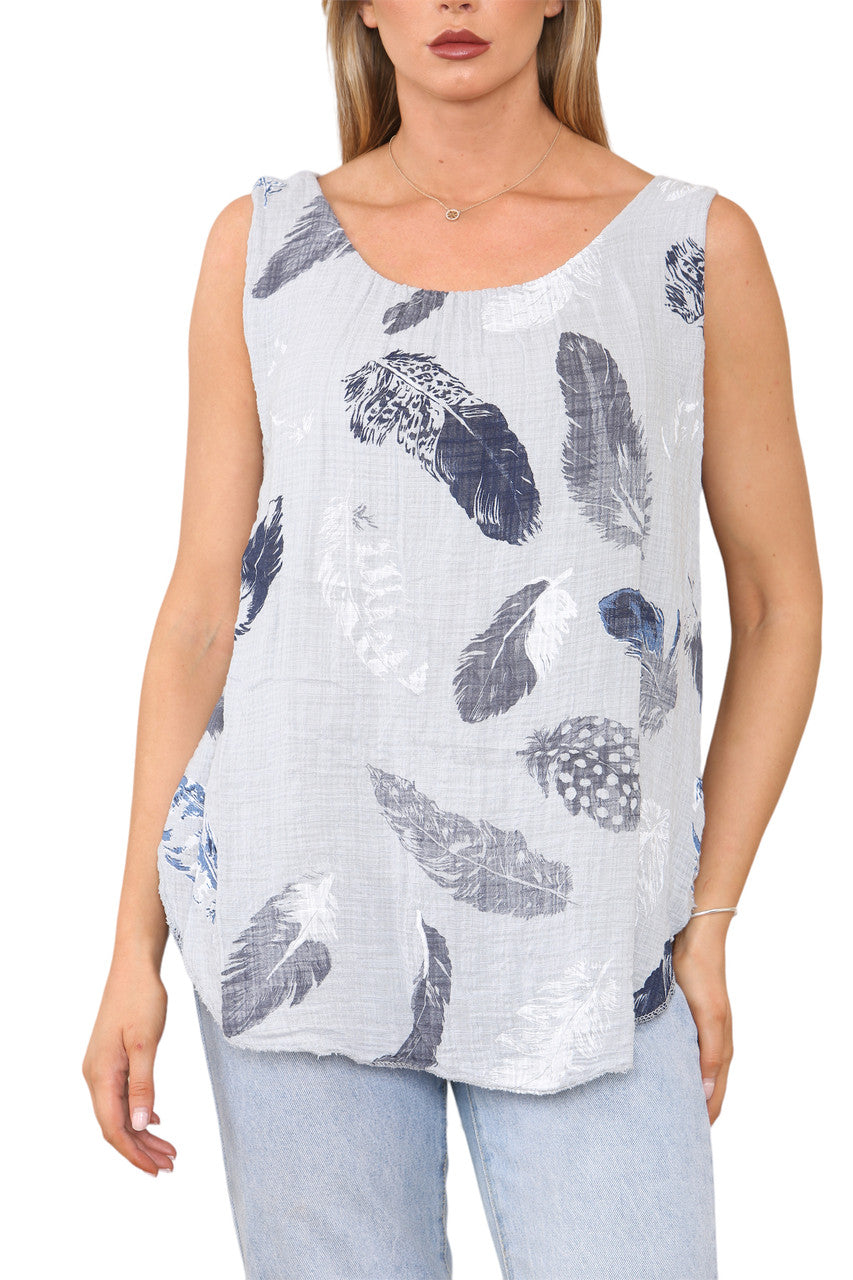 Ladies Feather Print Sleeveless Vest Top Grey