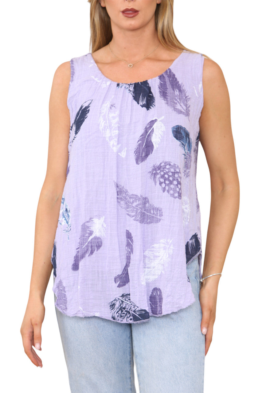 Ladies Feather Print Sleeveless Vest Top Lilac