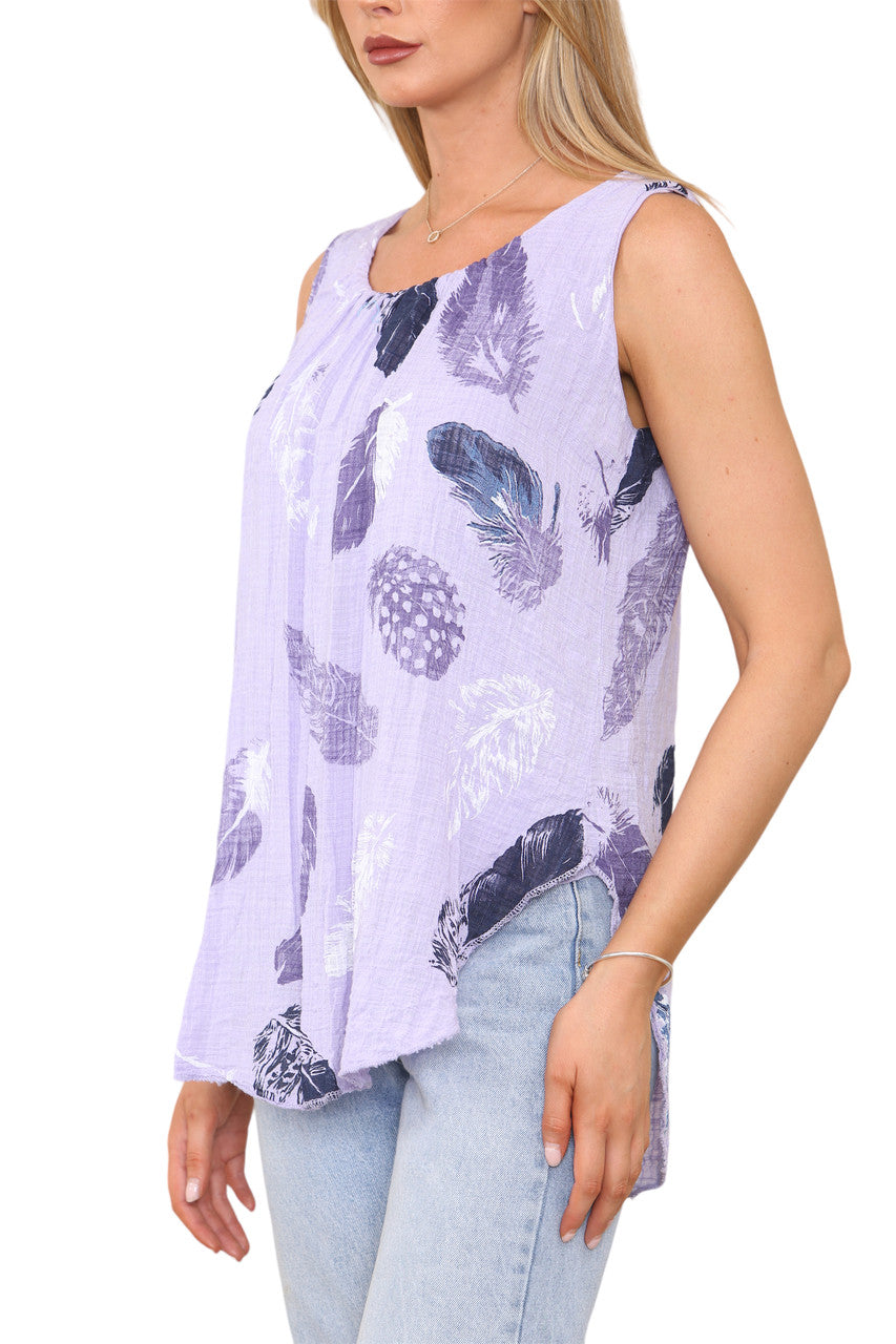 Ladies Feather Print Sleeveless Vest Top Lilac