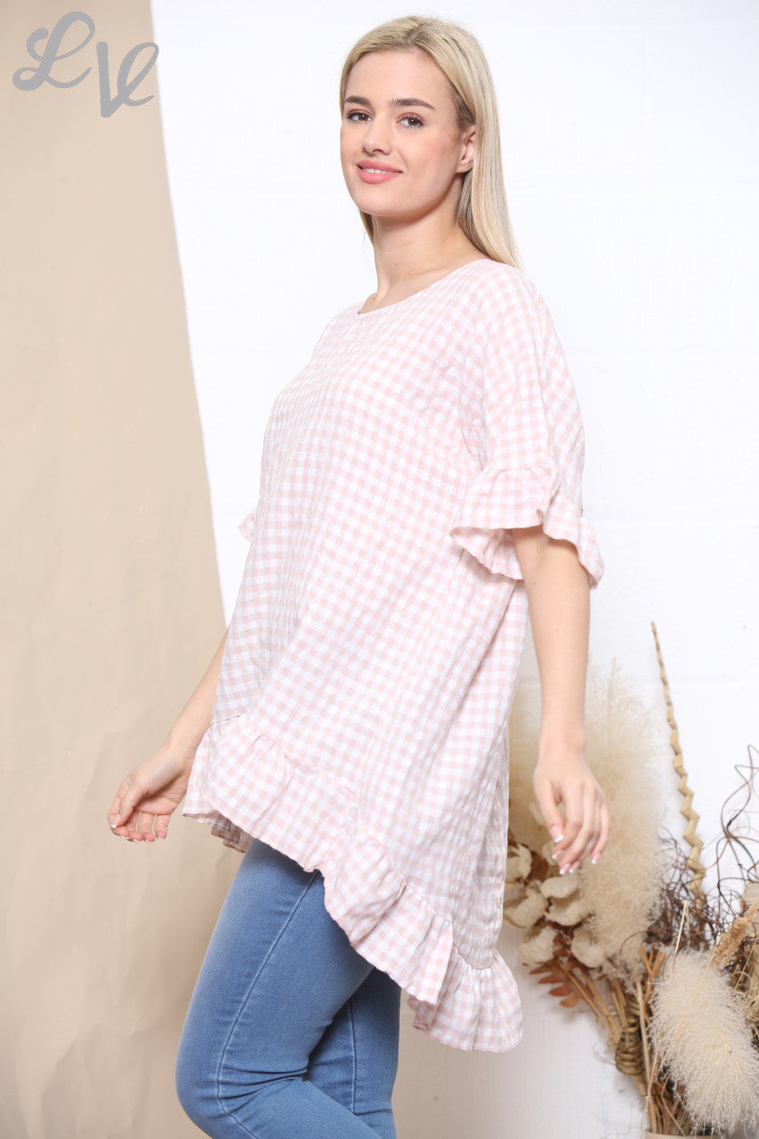Dames Gingham Print Top met Rucheszoom Oudroze