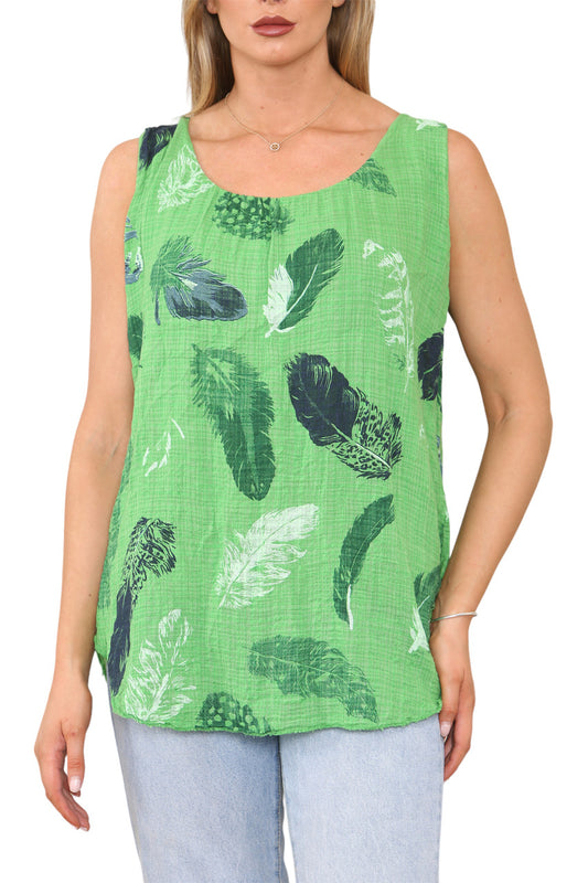 Ladies Feather Print Sleeveless Vest Top Green
