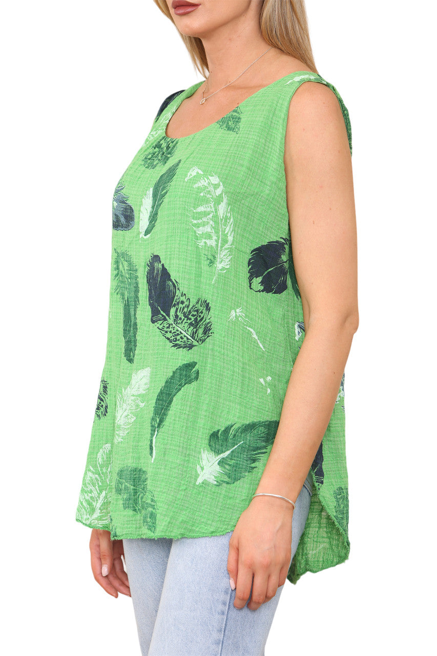 Ladies Feather Print Sleeveless Vest Top Green
