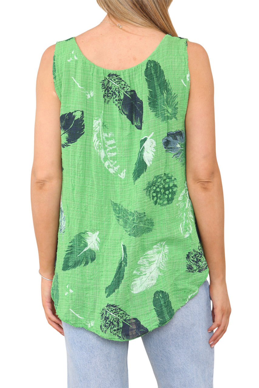 Ladies Feather Print Sleeveless Vest Top Green