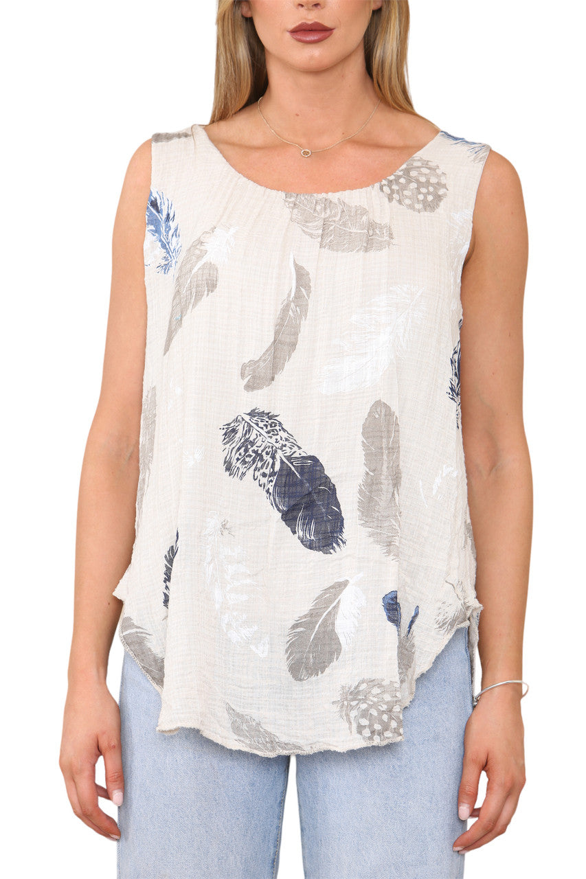 Ladies Feather Print Sleeveless Vest Top Stone