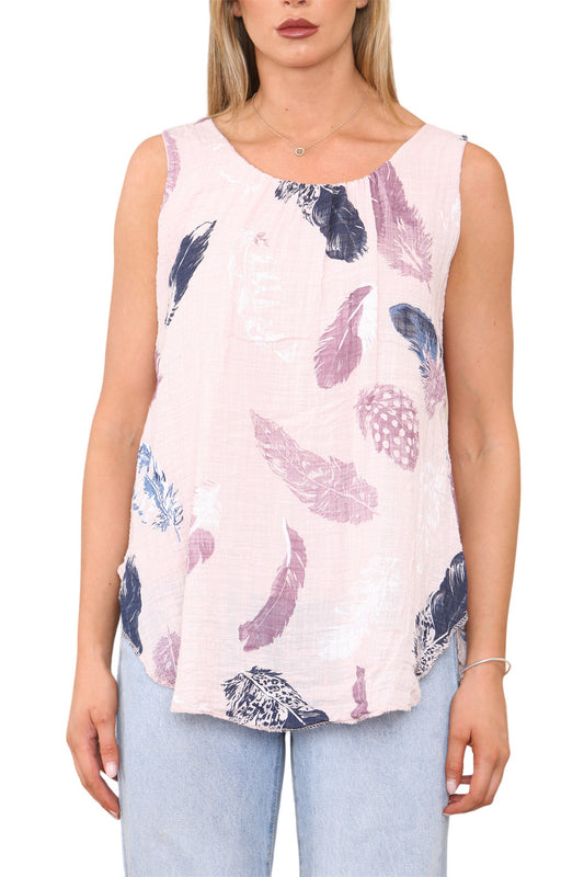 Ladies Feather Print Sleeveless Vest Top Dusty Pink