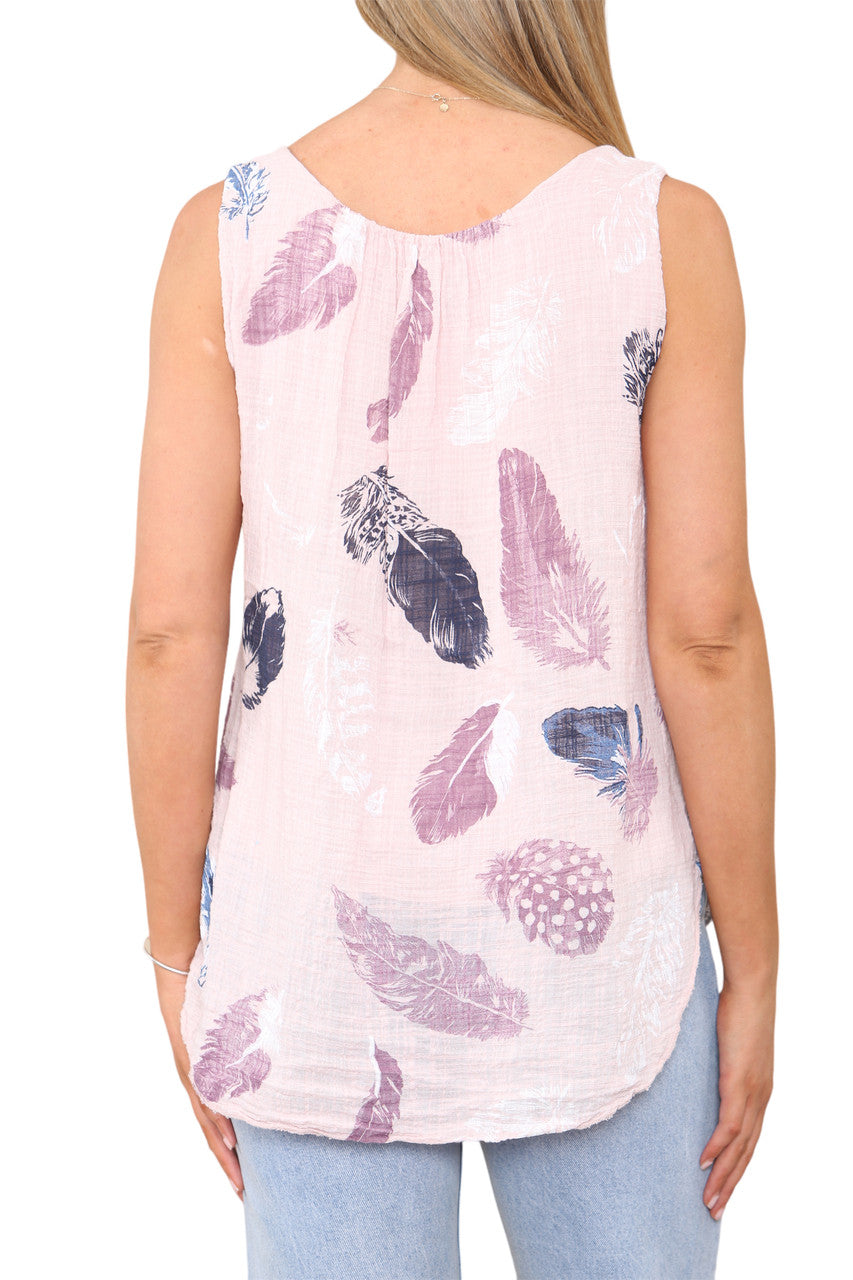 Ladies Feather Print Sleeveless Vest Top Dusty Pink