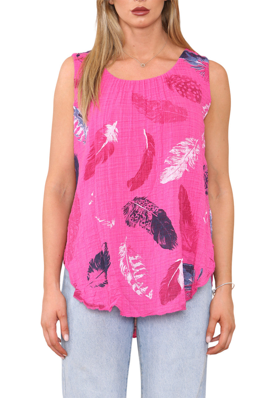Ladies Feather Print Sleeveless Vest Top Cerise