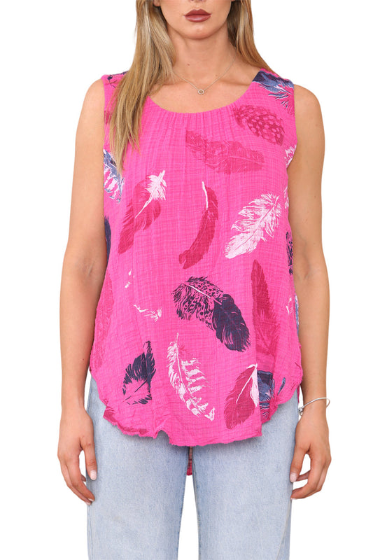 Ladies Feather Print Sleeveless Vest Top Cerise