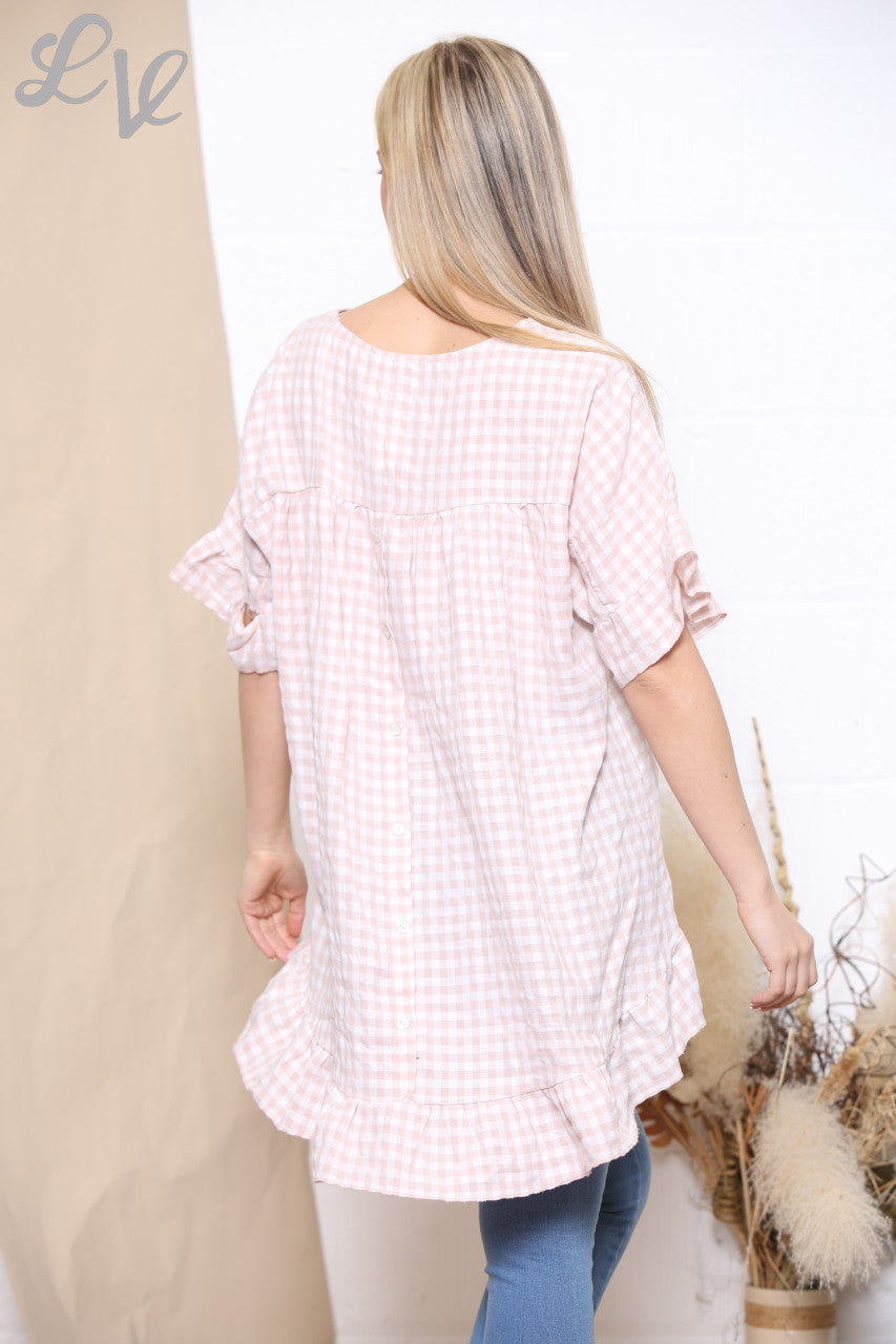 Dames Gingham Print Top met Rucheszoom Oudroze
