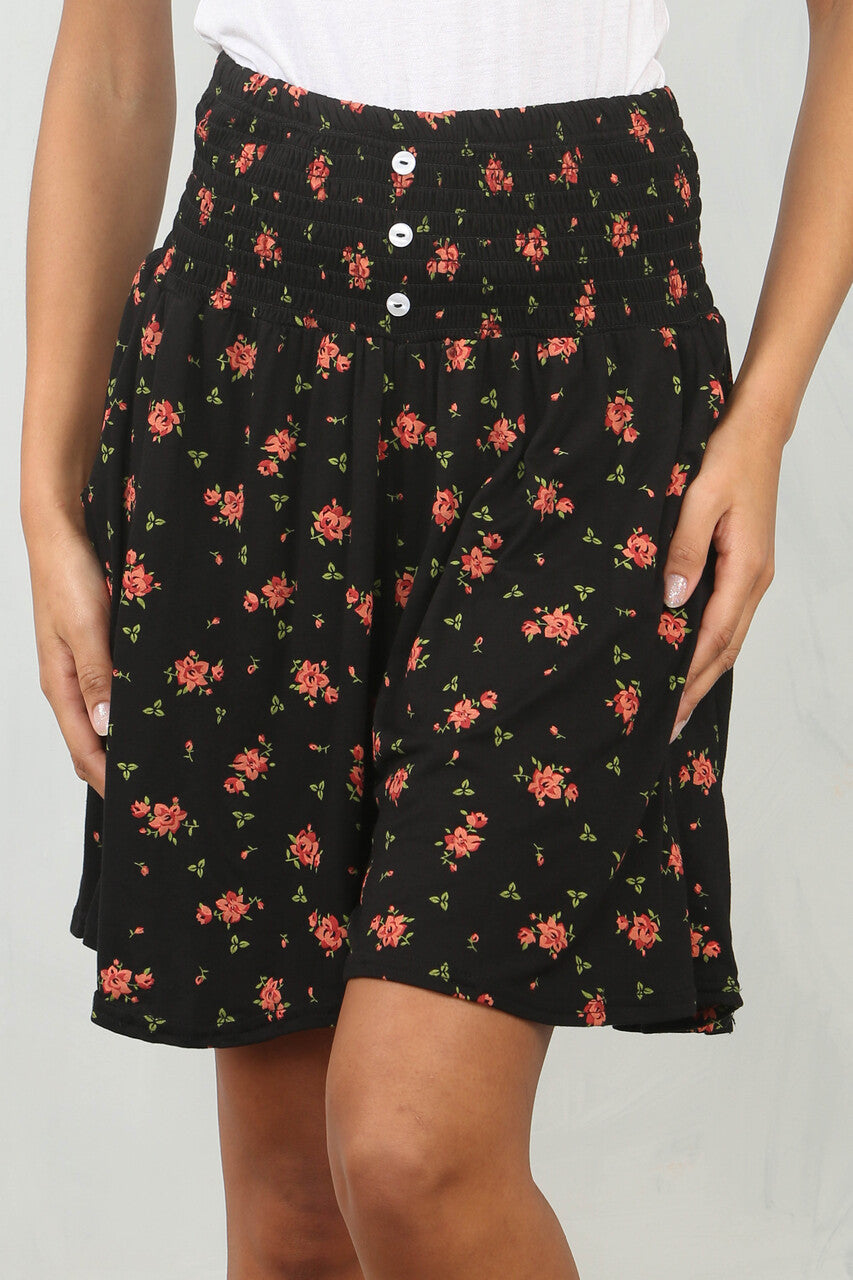 RODE ROOS PRINT ELASTISCHE TAILLEBAND SKORT ZWART