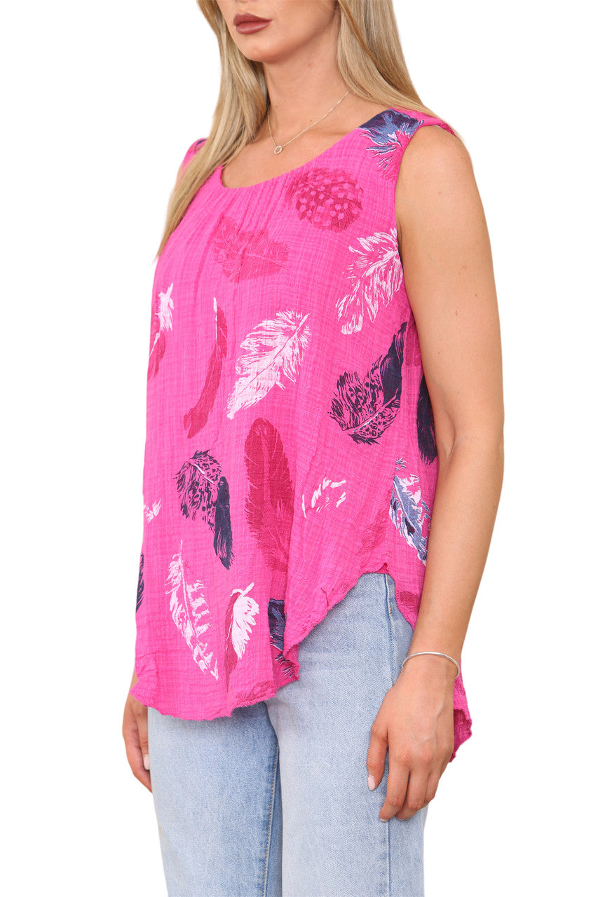 Ladies Feather Print Sleeveless Vest Top Cerise
