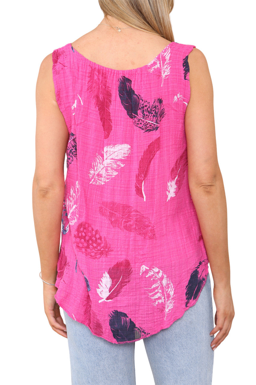 Ladies Feather Print Sleeveless Vest Top Cerise