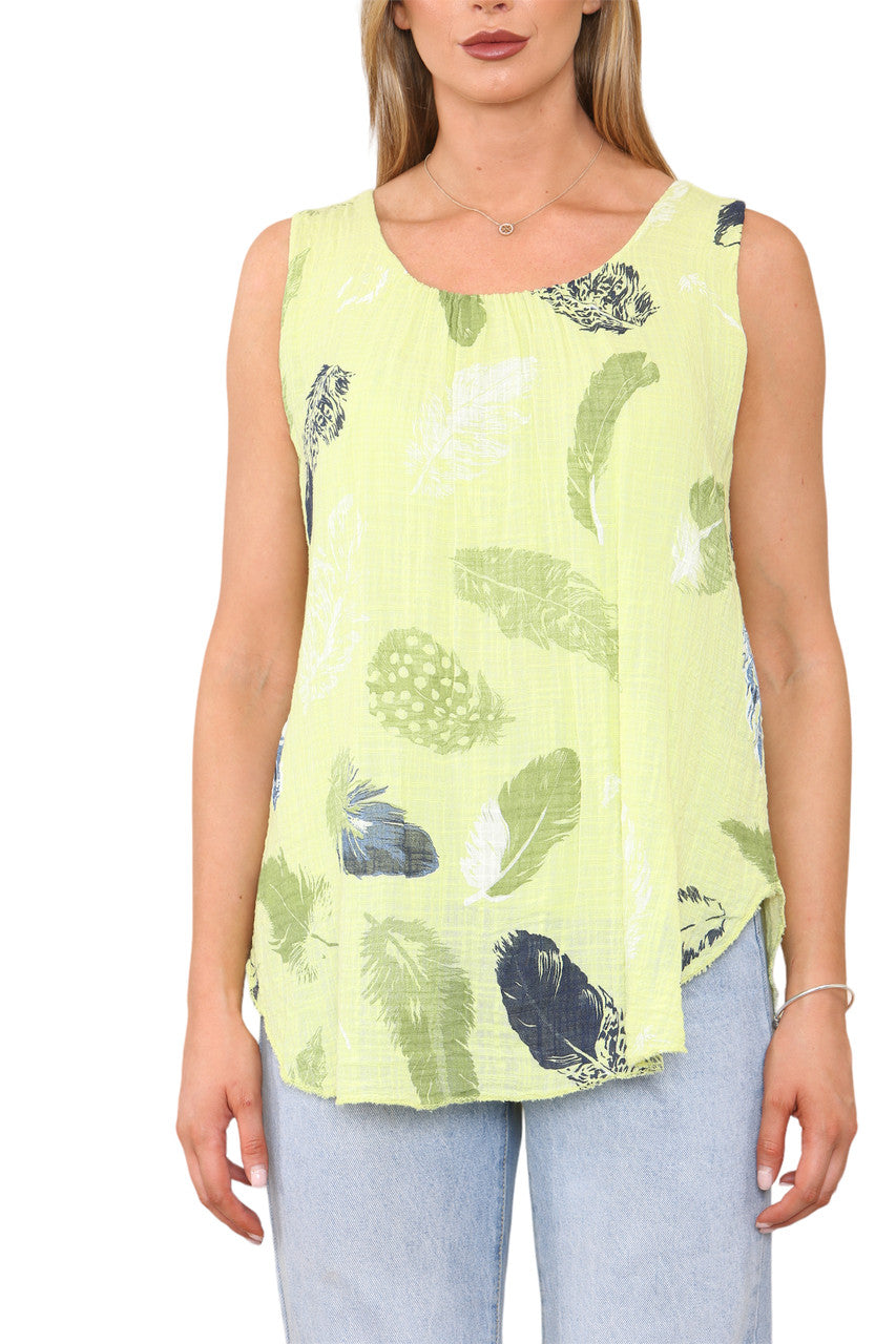 Ladies Feather Print Sleeveless Vest Top Lime