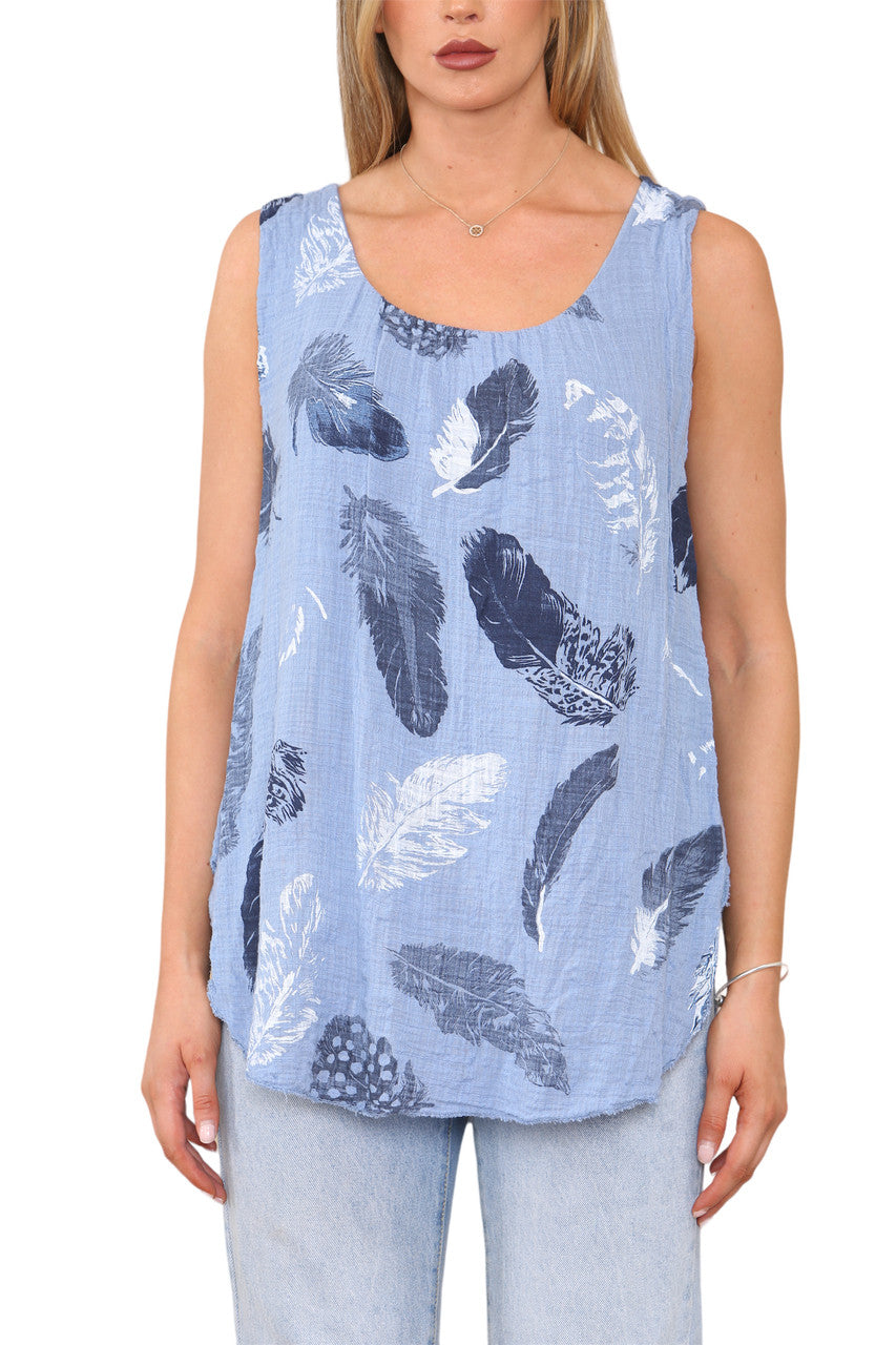 Ladies Feather Print Sleeveless Vest Top Denim