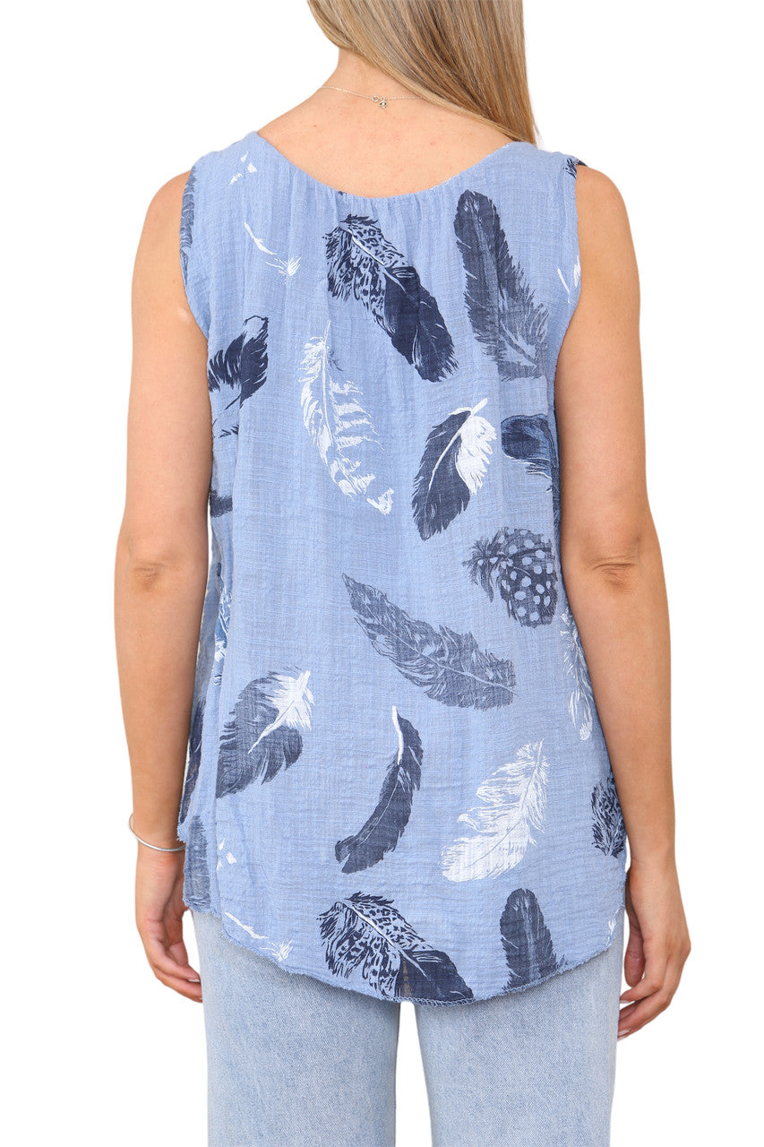 Ladies Feather Print Sleeveless Vest Top Denim
