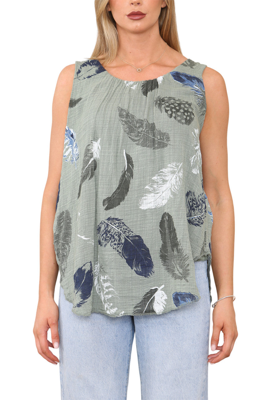 Ladies Feather Print Sleeveless Vest Top Khaki