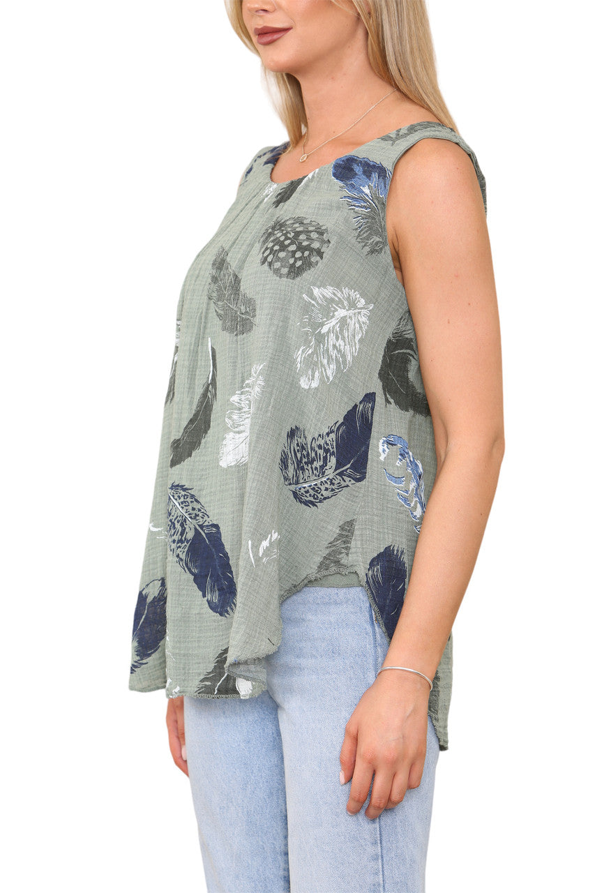 Ladies Feather Print Sleeveless Vest Top Khaki