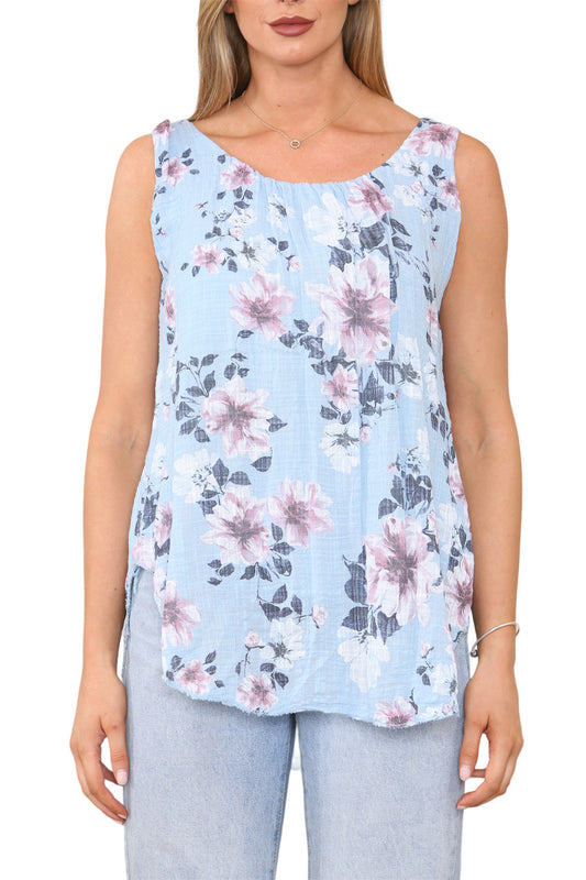 Ladies Flowers Print Sleeveless Vest Top Light Blue