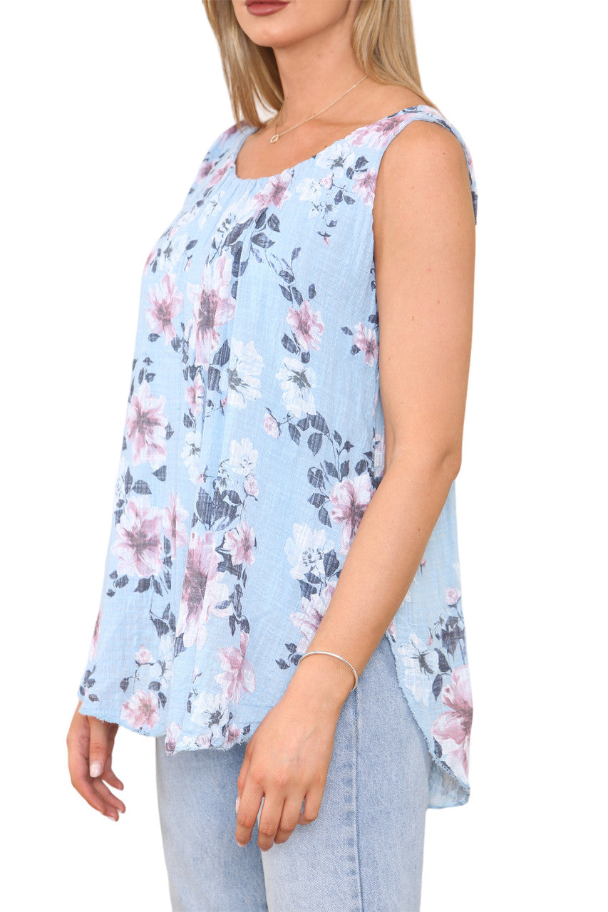 Ladies Flowers Print Sleeveless Vest Top Light Blue