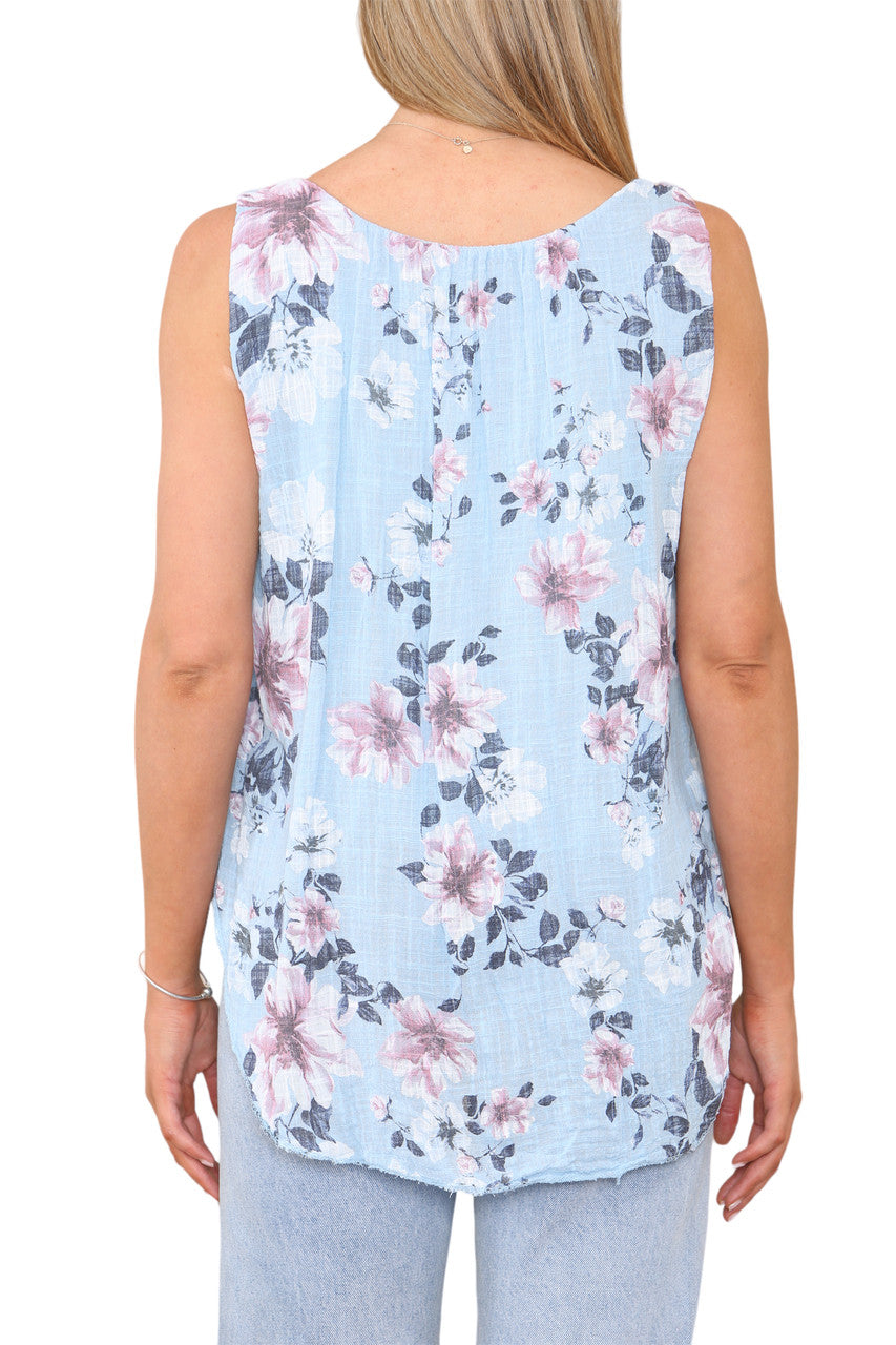 Ladies Flowers Print Sleeveless Vest Top Light Blue