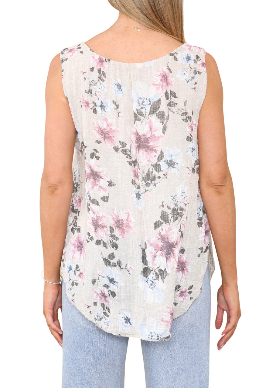 Ladies Flowers Print Sleeveless Vest Top Stone