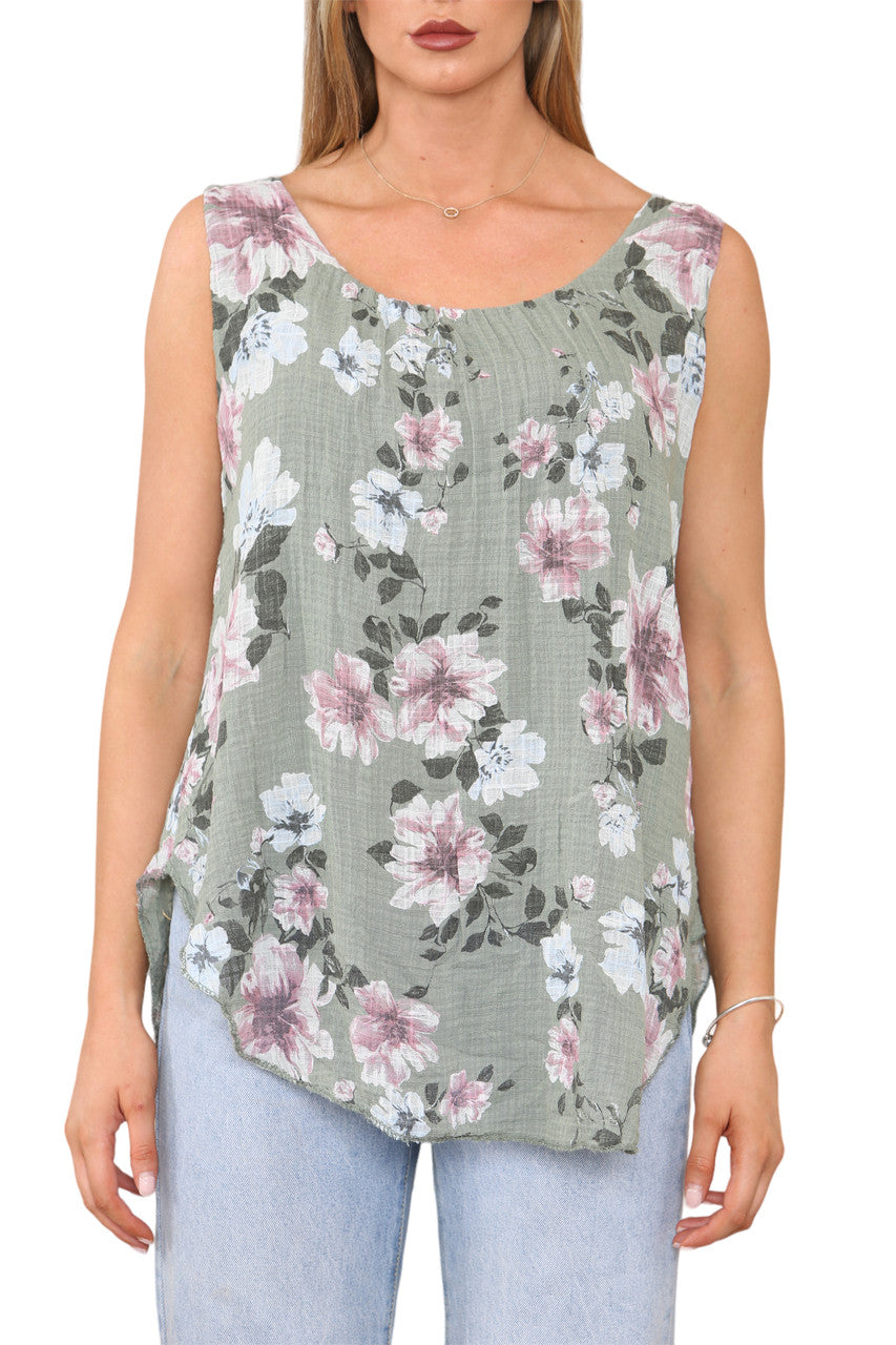 Ladies Flowers Print Sleeveless Vest Top Khaki