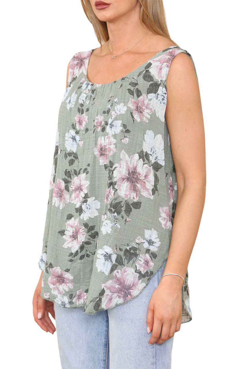 Ladies Flowers Print Sleeveless Vest Top Khaki