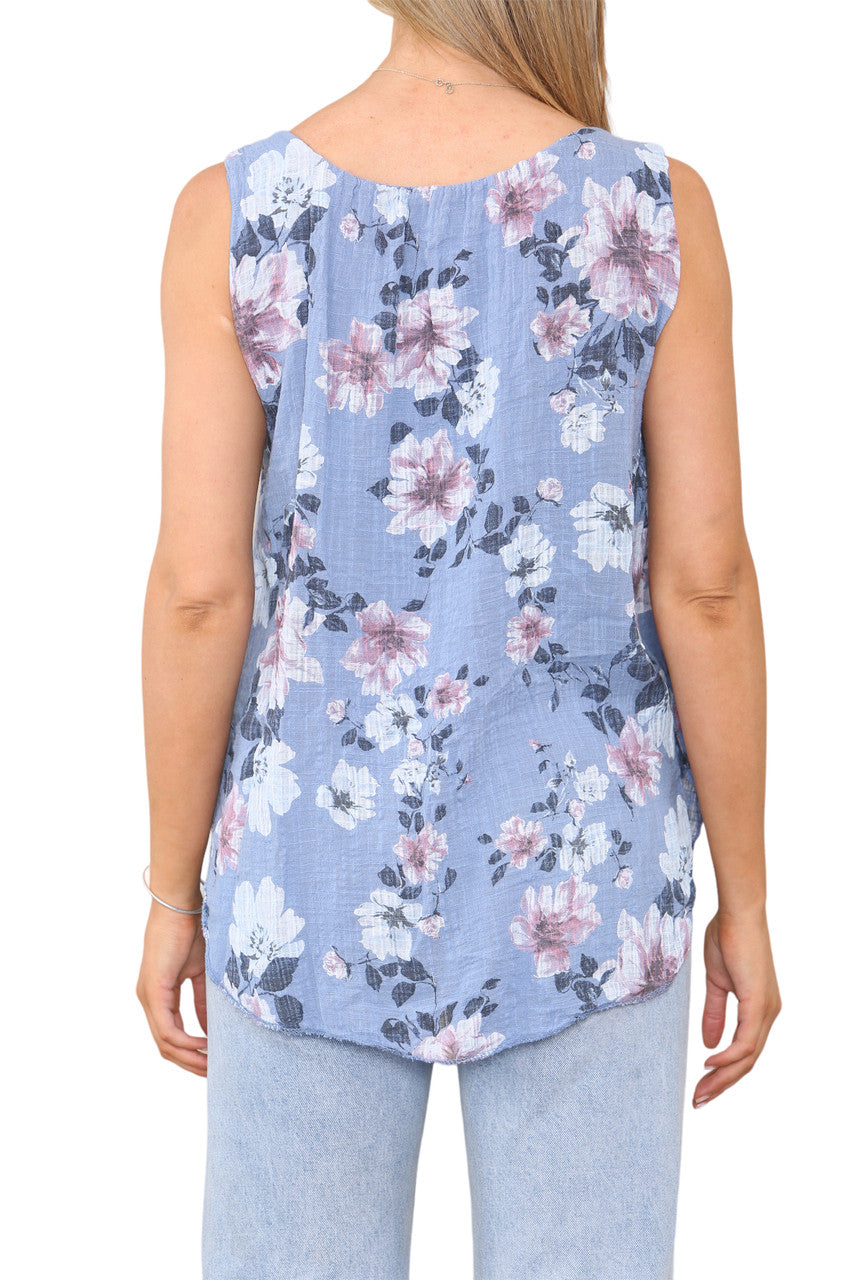Ladies Flowers Print Sleeveless Vest Top Denim