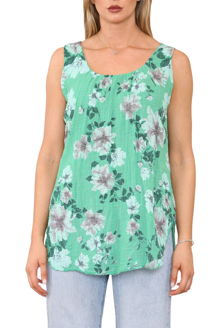 Ladies Flowers Print Sleeveless Vest Top Jade Green