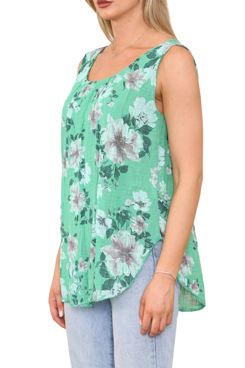Ladies Flowers Print Sleeveless Vest Top Jade Green