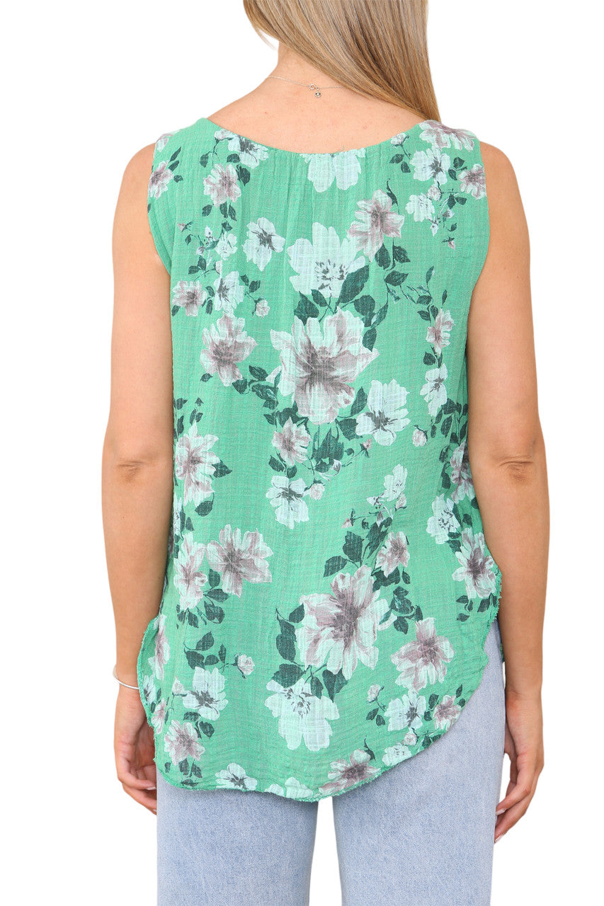 Ladies Flowers Print Sleeveless Vest Top Jade Green