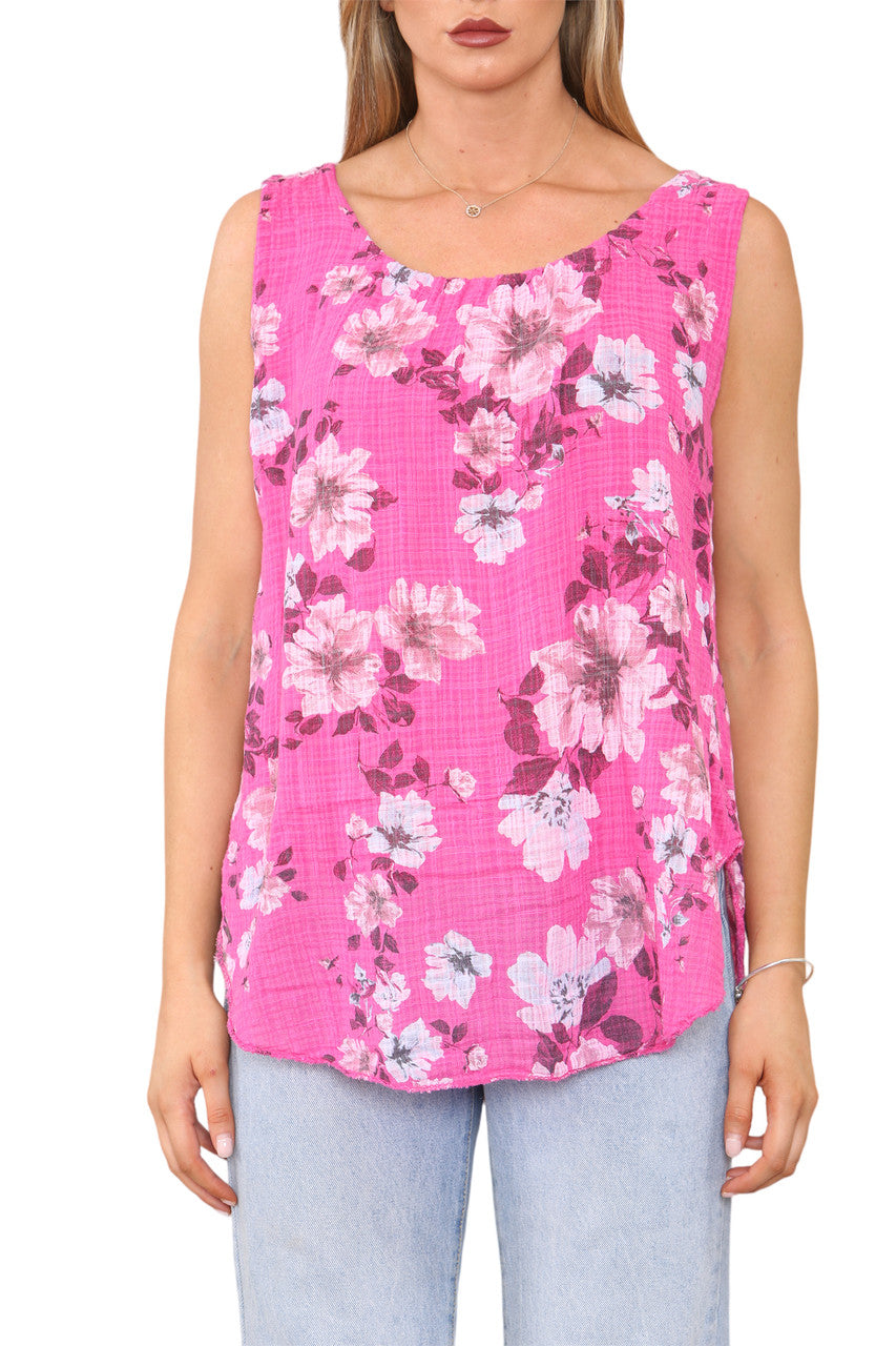 Ladies Flowers Print Sleeveless Vest Top Cerise