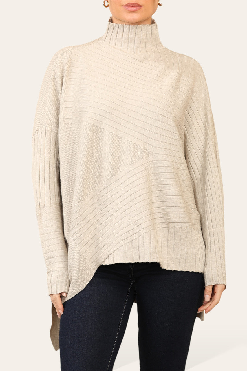 RIBBED ASYMMETRICAL HIGH NECK JUMPER STONE