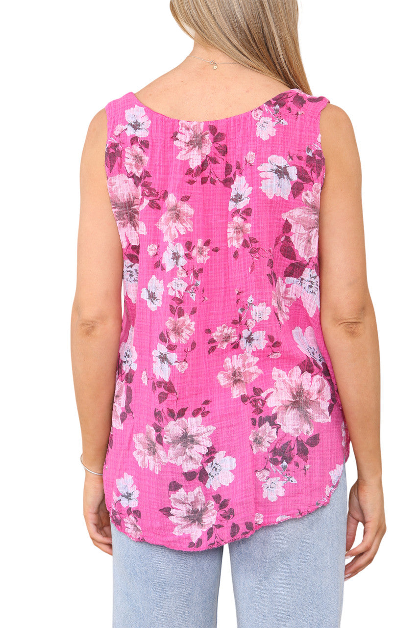 Ladies Flowers Print Sleeveless Vest Top Cerise
