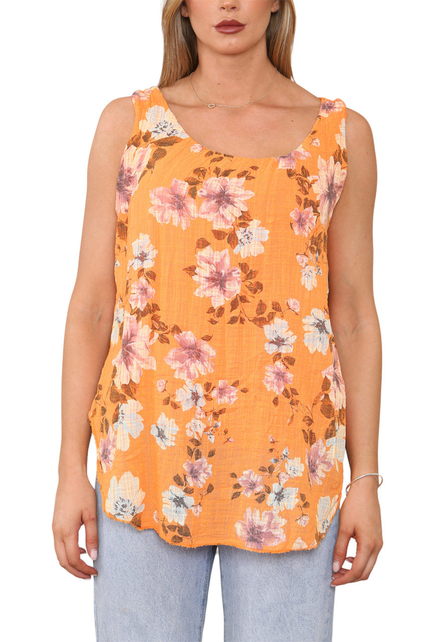 Ladies Flowers Print Sleeveless Vest Top Orange