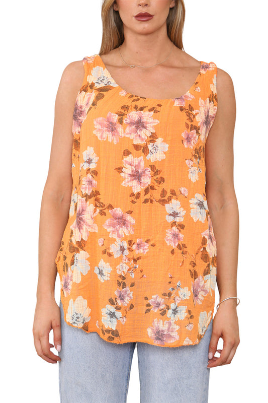 Ladies Flowers Print Sleeveless Vest Top Orange