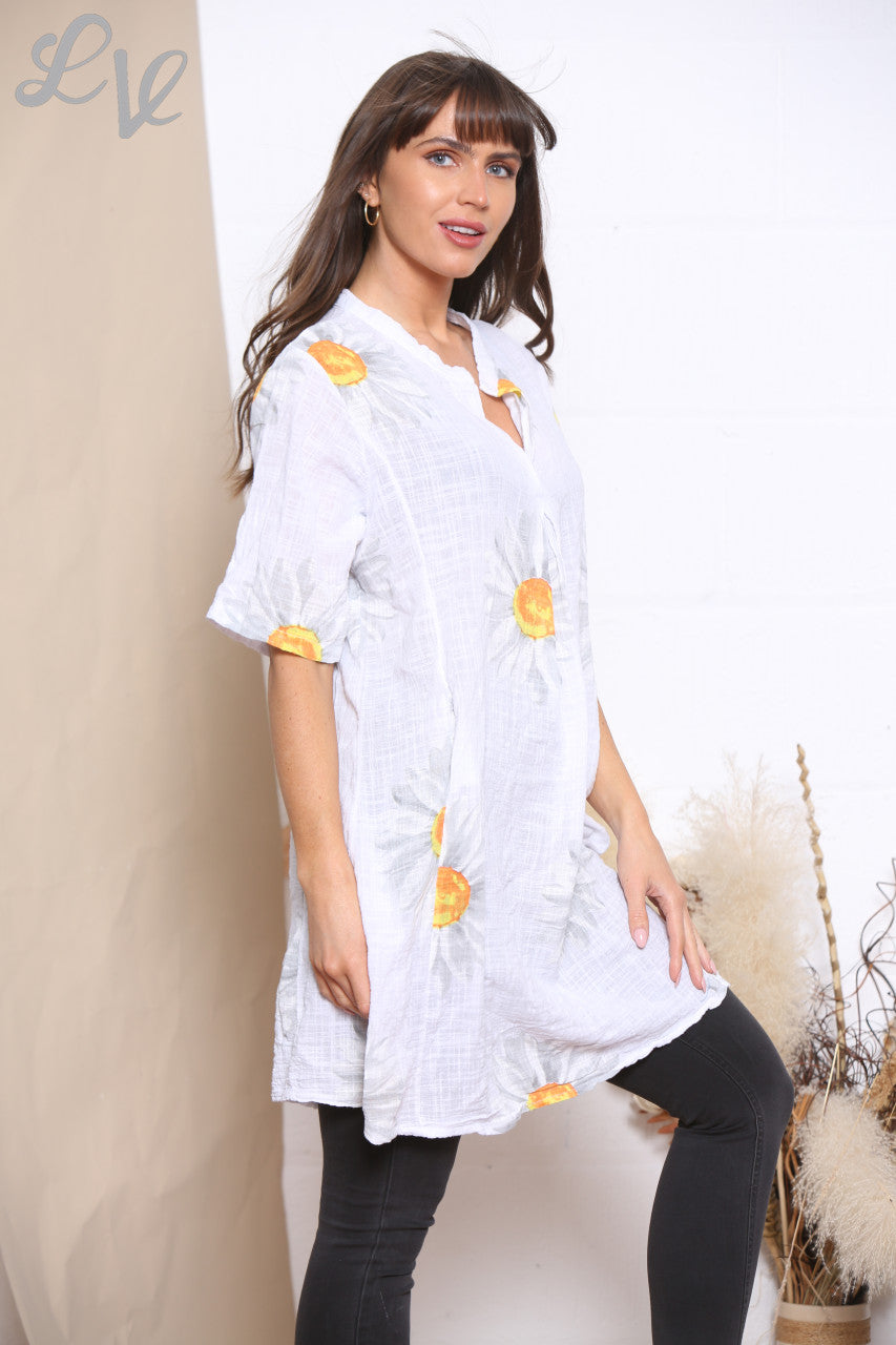 Ladies Daisy Print Tunic Top Dress White