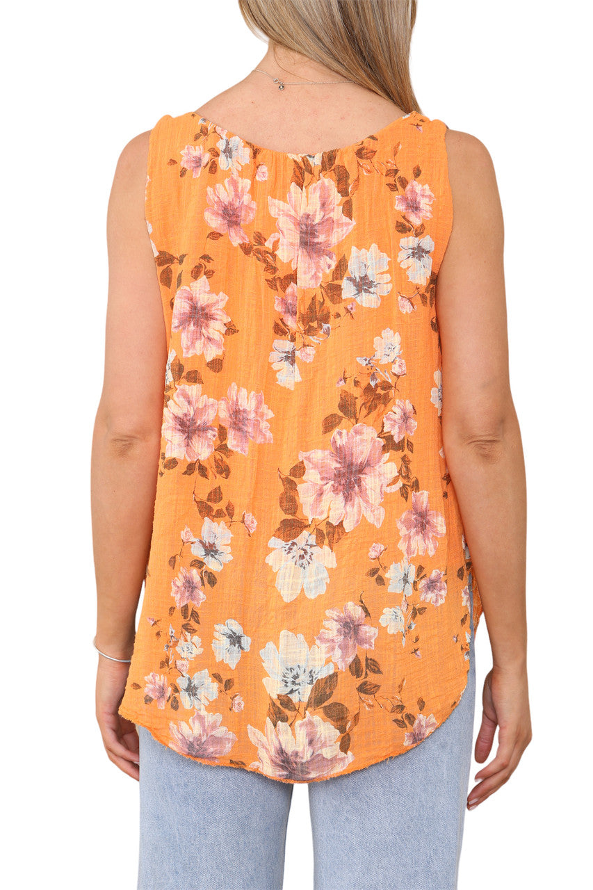 Ladies Flowers Print Sleeveless Vest Top Orange