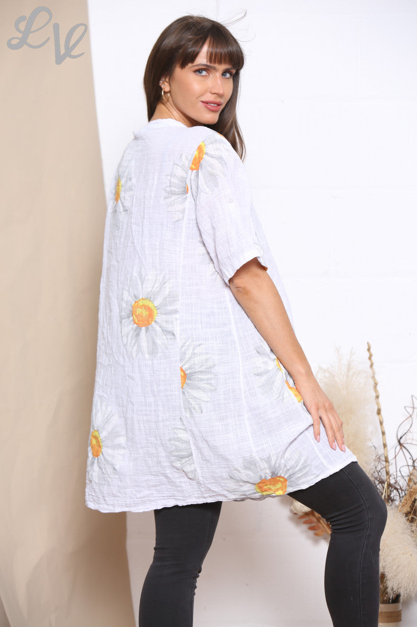 Ladies Daisy Print Tunic Top Dress White