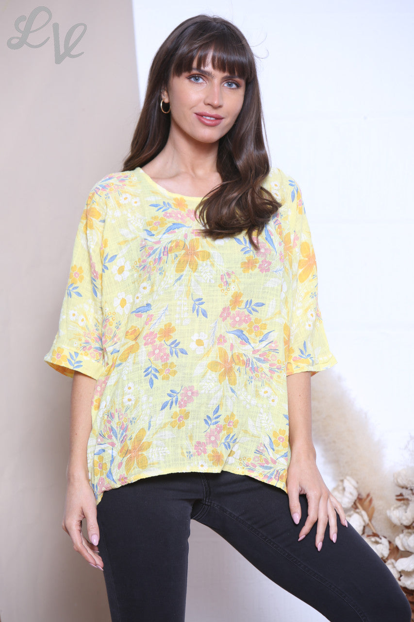 Dames top met bloemenprint geel