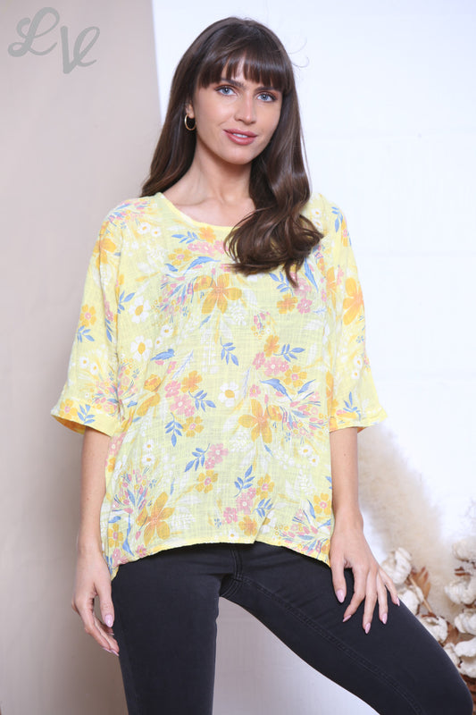 Ladies Ditsy Colourful Floral Top Yellow