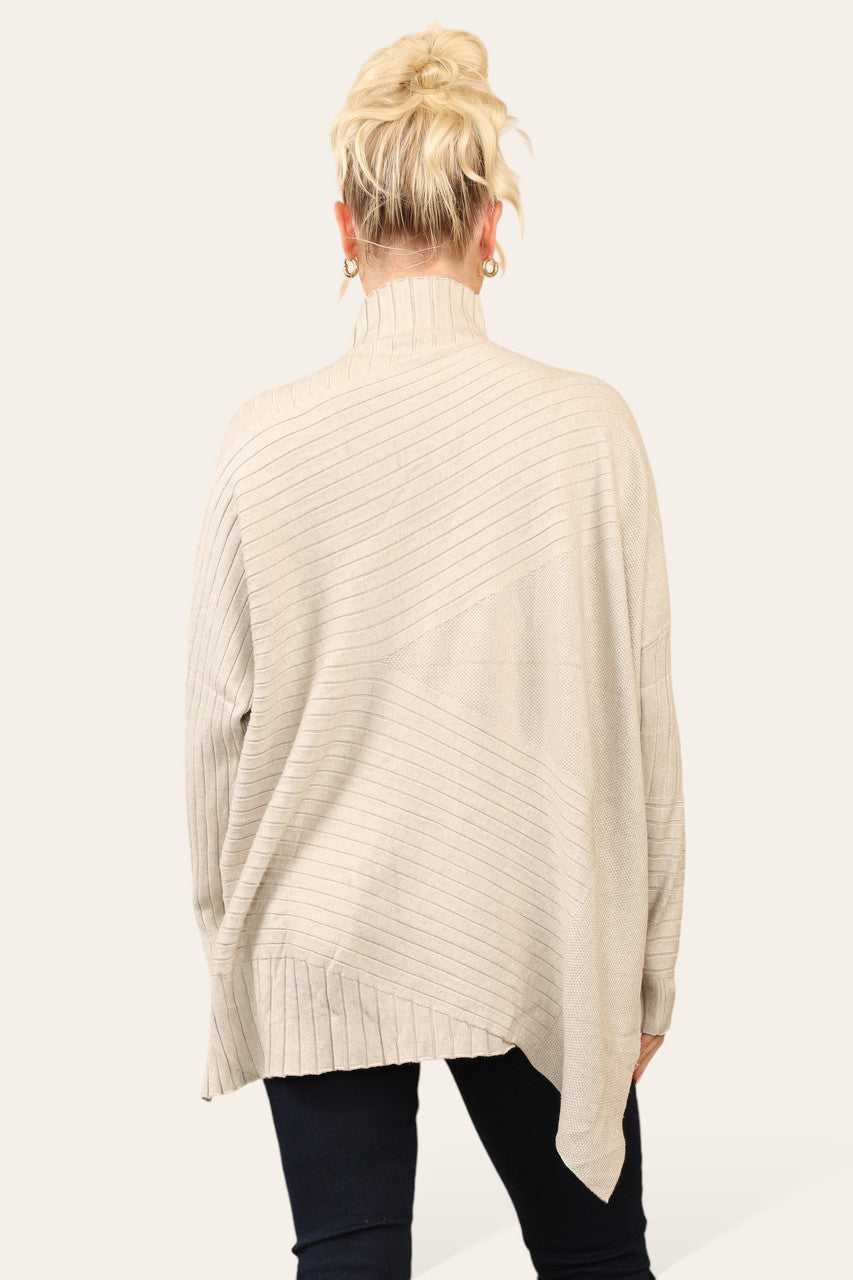 RIBBED ASYMMETRICAL HIGH NECK JUMPER STONE